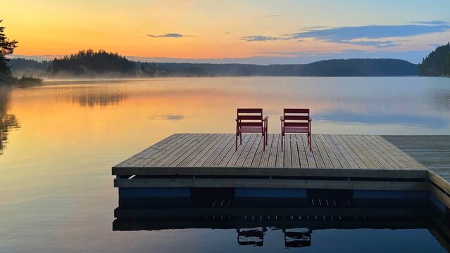 Two chairs sit on a wooden dock overlooking a calm lake at sunrise. Concept of: Quiet contemplation.
