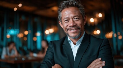 Professional man in a suit smiling confidently at a modern restaurant, conveying a sense of warmth and approachability while enjoying the lively atmosphere of dining.