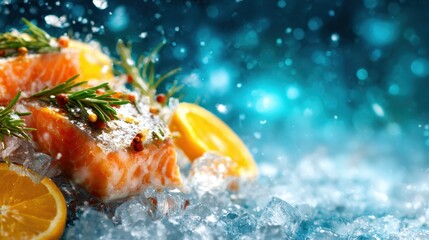 A beautifully arranged fresh salmon fillet surrounded by colorful oranges and aromatic herbs over crushed ice, ideal for showcasing culinary delights and gourmet recipes.