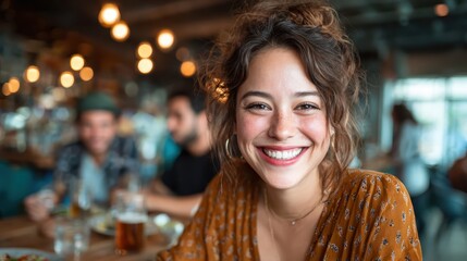 A joyful woman enjoys her time at a lively restaurant, radiating warmth and happiness, surrounded by a cheerful atmosphere and good company, perfect for socializing.