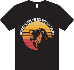 Black T Shirt Mockup Featuring Roaring Lion Retro Sunset Graphic Meet Me Where The Sky Touches The Sea