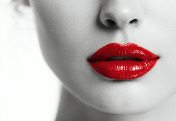 Fototapeta premium Closeup of beautiful model's face with lips painted with red lipstick and perfect skin. 
