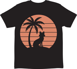 Black T Shirt Vector Design Featuring Silhouette Fox Palm Tree Sunset Orange Background tshirt