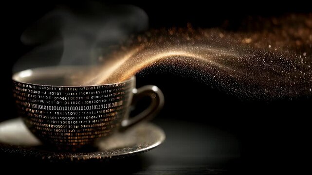 A steaming coffee cup with binary code patterns emits a sparkling digital swirl, blending technology and warmth in a surreal, futuristic scene.
