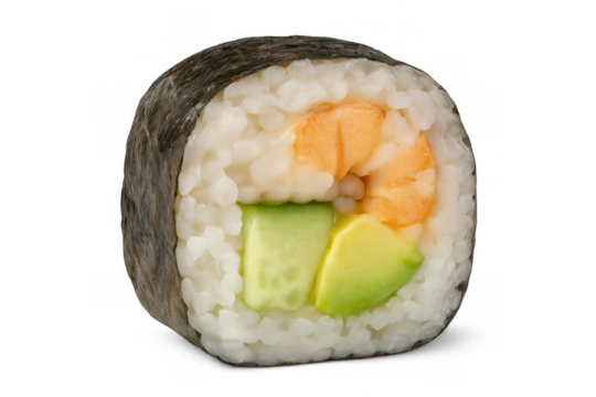 Close-up of hosomaki sushi roll featuring prawn and avocado filling, isolated on a transparent background
