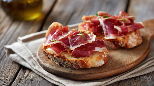 Traditional Catalan Pa Amb Tom&agrave;quet with Serrano Ham on Rustic Country Bread &ndash; Mediterranean Style Top View