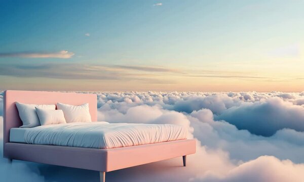 Elegant pink bed floating in pastel sunrise clouds for dreamy luxury sleep brand concept visuals
