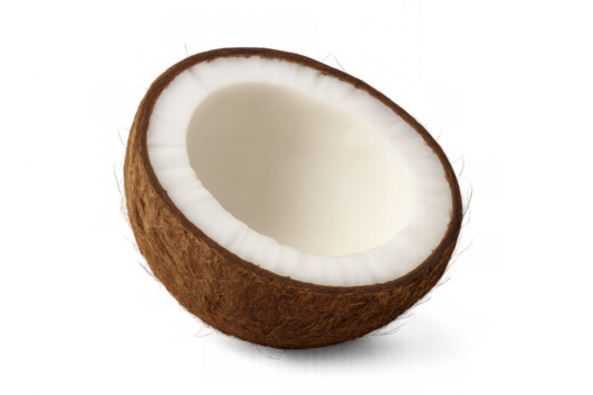 Halved ripe coconut revealing creamy white flesh against clear background, highlighting tropical fruit's fresh interior and nutritional value