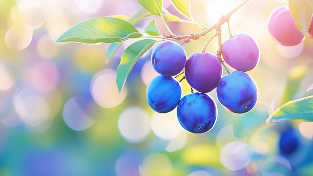 Ripe purple plums hanging on a tree branch with a beautiful bokeh background. Use for content about gardening, healthy desserts, or local farmers markets