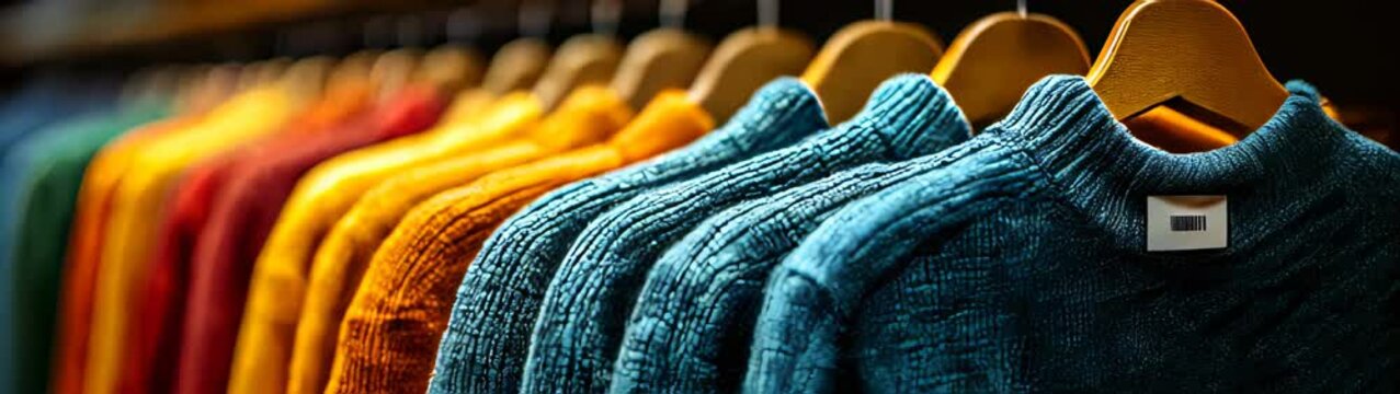 Rack of colorful sweaters hanging on a rack
