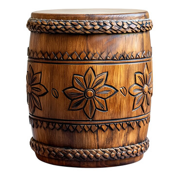 A wooden caj?n box drum with decorative front panel, isolated on transparent background