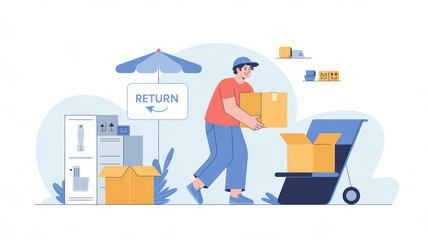 Man handling a package for return, illustrating a logistics or e-commerce return policy process.
