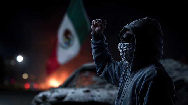 Immigration protester with face mask stands defiantly near flames and wreckage, symbol of resistance with Mexican flag flying