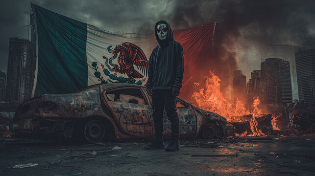 Man in a skull mask stands defiantly beside a burning vehicle during anti-ICE protest, Large Mexican flag waving behind him