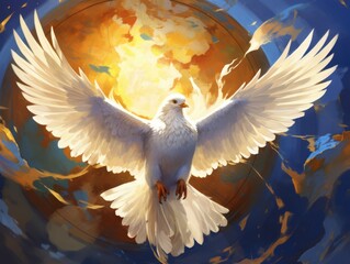 Obraz premium Winged white dove with flame background