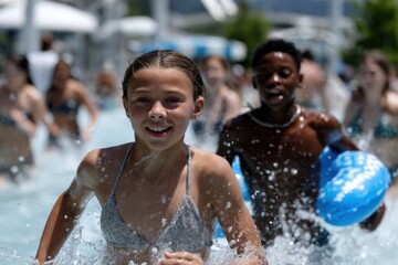 Two cheerful girls laugh and splash in a lively swimming pool, capturing the joy and carefree spirit of childhood play during a sunny summer day with friends and water activities.
