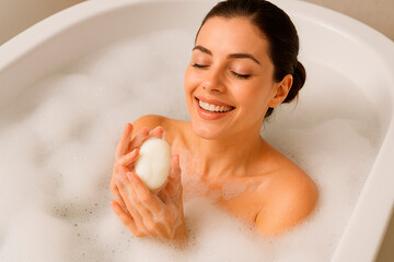 mujer sonriente en baño de espuma con jabón espumoso