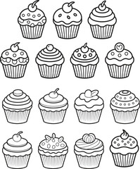 Fifteen Black and White Line Drawings of Cupcakes with Various Toppings and Decorations vector