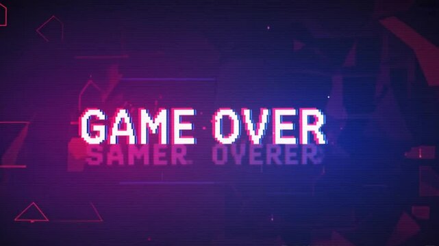  The video should open with a close-up of the GAME OVER text glowing with a retro, pixelated aesthetic, set against a dark, futuristic background