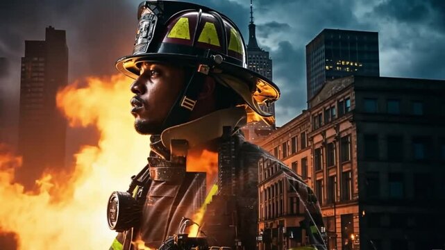 In the heart of a burning cityscape, a determined firefighter stands resolute amidst the chaos