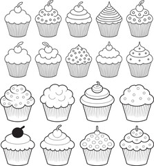 Sixteen Black Line Art Drawings of Cupcakes with Various Frosting Designs and Cherry Toppings vector