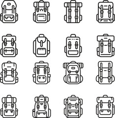 Sixteen Black Line Drawings of Backpacks Various Styles and Sizes Travel Hiking Gear Icons bags