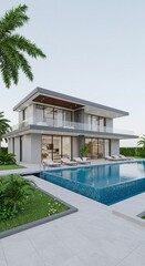 Fototapeta premium Luxury Modern Villa Design with Infinity Pool and Palm Trees
