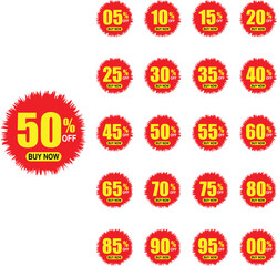 Special mega Sale offer discount Label icon set. Sale off percent, discount special offer price promotion tag, discount from 05, 10, 15, 20, 25, 30, 40, 45, 50, 55, 60, 65, 70, 75, 80, 90, 95,