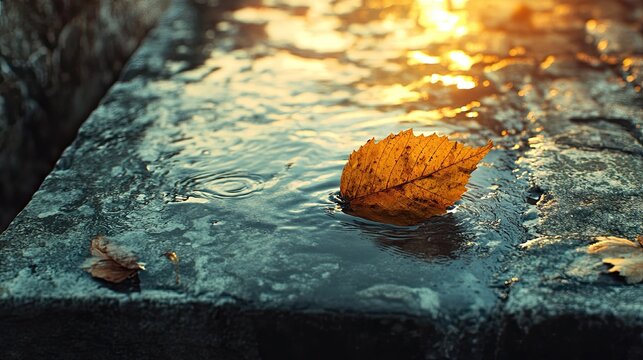 Leaf floating in gutter with water ripple urban texture and fall atmosphere ideal for seasonal or poetic visuals