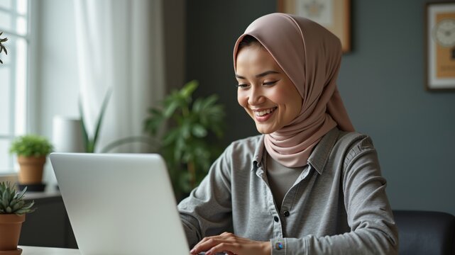 Young muslim woman wearing headscarf working on laptop in office
