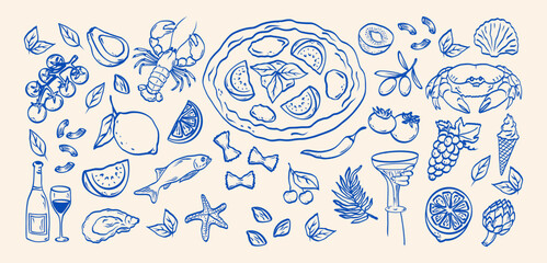Italian food set hand drawn doodle sketch. Pasta, olive, pizza, tomato, lemon, crab, lobster, grapes, wine. Summer elements drawings for poster, placard print, menu, sticker.