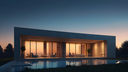 A sleek, modern house silhouette with clean lines and minimalist architecture, set against a vibrant, gradient blue sky during a warm, golden hour, with a subtle, misty atmosphere, captured in a high