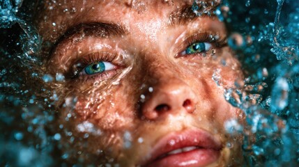A gripping close-up portrait capturing the eyes of a submerged person in water, conveying deep emotions and instinctive introspection in a dramatic aesthetic.