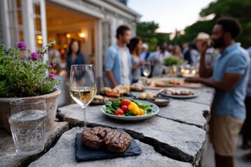 A lively outdoor gathering featuring a variety of food and drinks, showcasing friends enjoying a sunny atmosphere filled with laughter and flavors on a beautiful evening.