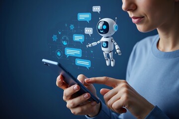 Woman Interacting with Robot Chatbot via Mobile Phone