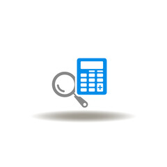 Vector illustration of calculator with magnifying glass. Symbol of accounting. Icon of calculation and financial analyzing.
