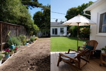 A serene garden scene split into two views featuring a well-tended garden bed and a cozy outdoor seating area, inviting relaxation and enjoyment of nature's bountiful beauty.