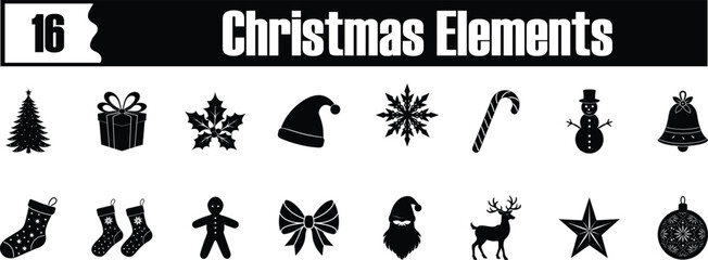 16 Christmas design elements silhouette vector bundle set collection, Cultural design