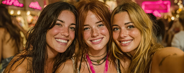Obraz premium Three happy smiling young women having fun at music festival