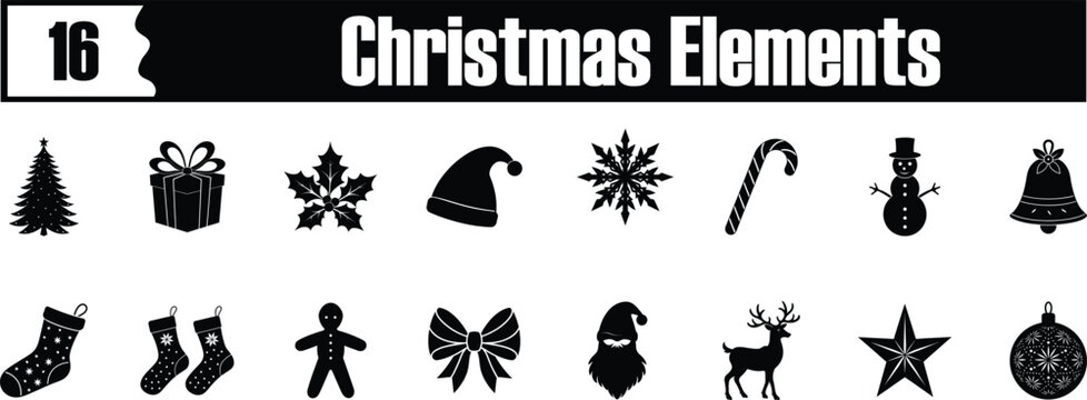 Naklejki 16 Christmas design elements silhouette vector bundle set collection, Cultural design