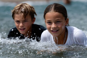 Two kids are playing and splashing in the water, embodying the joy and thrill of summer days while enjoying the playful ambience of outdoor adventure and fresh activity.