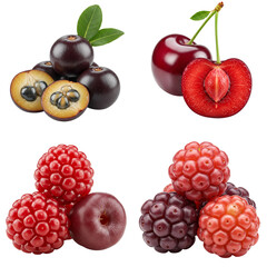 Variety of fresh berries and cherries arranged in a collage  