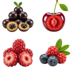 Various fresh berries and cherries arranged on a white background  