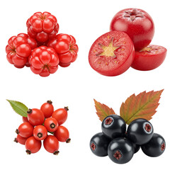 Fresh red and black fruits displayed on white background  