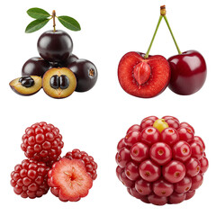 Fresh cherries and berries arranged on white background  