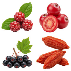 Variety of fresh fruits including black currants and strawberries  