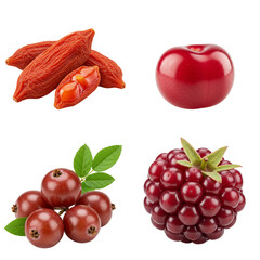 Variety of red fruits including berries, tomato, and cherries  