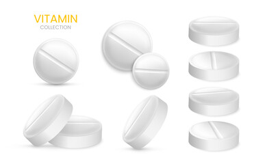 Set of realistic pills isolated on white background. Medical Pill, Capsule, Tablet, medicine drug Collection. 3D vector illustration