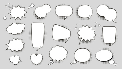 Retro comic speech bubble, cloud text message or sticker set with dotted shadow in pop art cartoon style. Chat box, idea or quote balloon