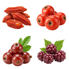 Assorted colorful fruits including tamarind, berries, and cherries  